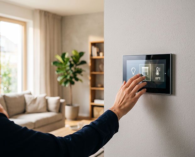 Hand bedient ein modernes Smarthome-Touchpanel an der Wand eines Wohnraums