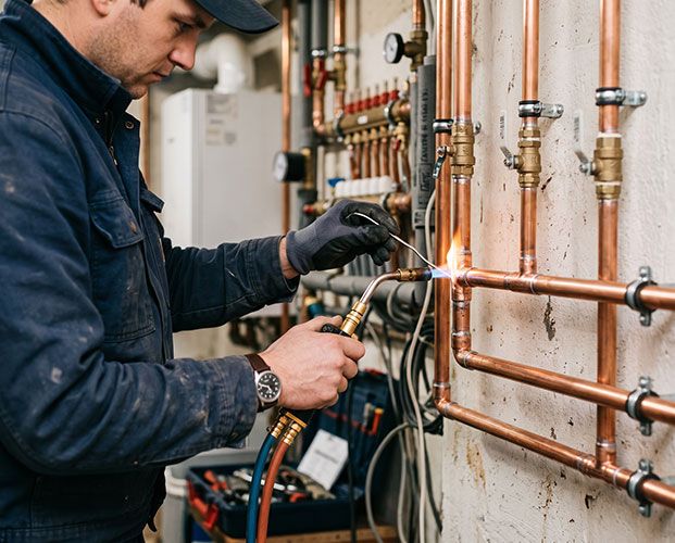 Sanitärinstallateur von Schwabe Installationstechnik verlötet Kupferrohre an einer Wand